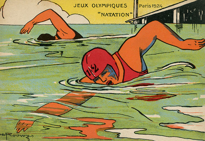Photos Jeux Olympiques. Paris 1924. « Natation », carte postale, d’après un dessin de[nbsp]Stanley-Charles Rooles, 1924.

