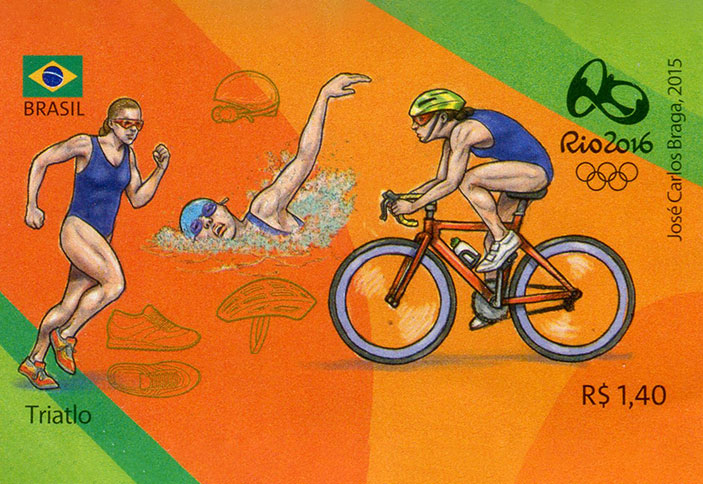 Photos Les sports du triathlon. Jeux Olympiques de Rio de Janeiro, timbre-poste, 2016.
