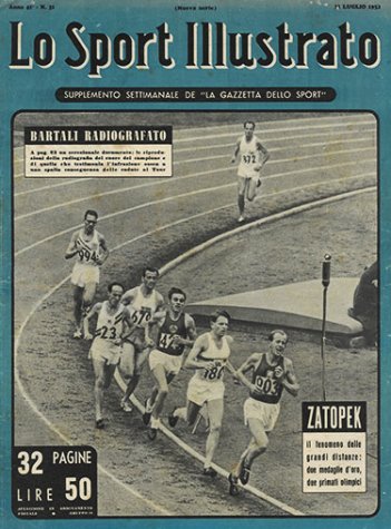 Photos « Emil Zátopek [Tchécoslovaquie] le phénomène de[nbsp]la grande distance : deux médailles d’or, deux[nbsp]records olympiques », couverture de presse in[nbsp]Lo[nbsp]Sport Illustrato, 1952.
