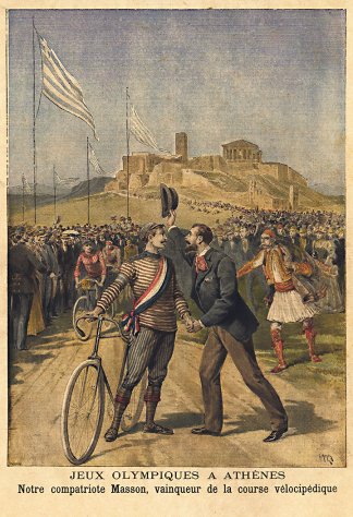 « Jeux Olympiques à Athènes. Notre compatriote Masson vainqueur de la course vélocipédique », couverture de presse in Le Petit journal, 1896.
