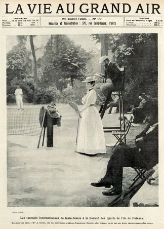 « Les tournois internationaux de lawn-tennis à la Société des sports de l’île de Puteaux », couverture de presse d’après un cliché de Taldot in La Vie au grand air, 1900.
