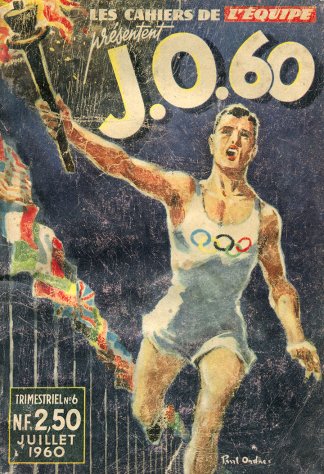 « J.O. 60 », couverture de presse in Les[nbsp]Cahiers de l’Équipe, dessin de Paul[nbsp]Ordner, 1960.
