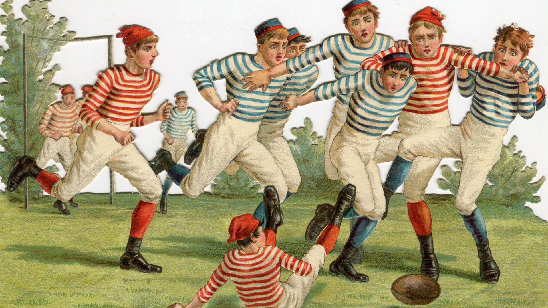 Match de rugby, carte découpée, 1900.