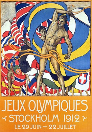 Image Olympic Games. Stockholm 1912,
affiche signée Olle Hjortzberg, éditée
par&nbsp;le Chemin de fer du Nord, 1911.
