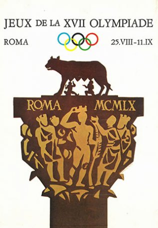 Image Jeux de la XVIIe Olympiade. Rome,
affiche&nbsp;signée Armando Testa [reprise
sur la couverture&nbsp;du programme], 1960.
