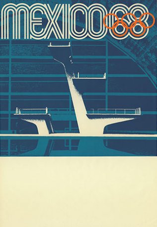 Image Jeux Olympiques Mexico 68. Plongeoir,
affiche&nbsp;signée Lance Wyman,
Beatrice Colle,&nbsp;José Luis Ortiz
et Jan Stornfeld, 1968.
